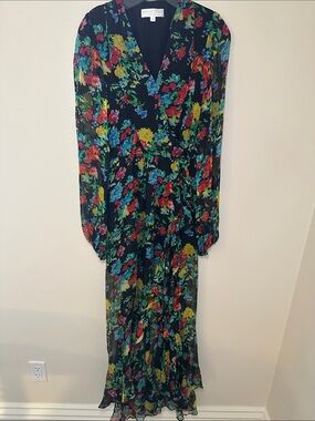 Caroline Constas Black Floral Silk V‑Neck Long Sleeve Maxi Dress